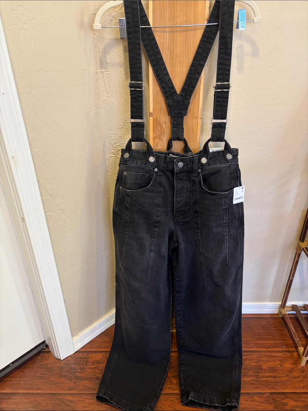 Free People Black Denim Overalls with Adjustable Straps